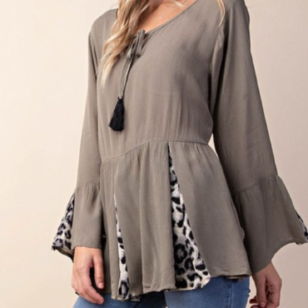 Khaki and leopard mix print front tie top